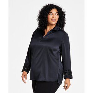 Anne Klein Plus Size Long-Sleeve Embellished-Cuff Blouse Black Size 1X MSRP $129
